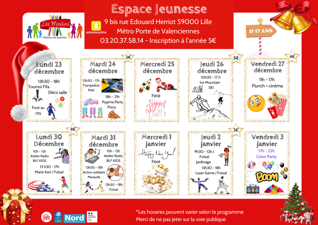 Découvrez le planning des activités de l'espace jeunesse Les inscriptions se font uniquement auprès de l'espace jeunesse au 0320345814