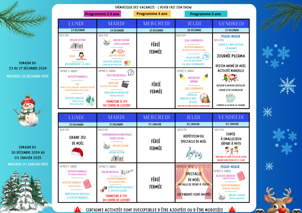 Vous trouverez ci-joint le planning d'activités du centre de loisirs pour les vacances de Noël qui débuteront ❄ Lundi 23 décembre ❄ ❗ Le centre de loisirs fermera ses portes à 17h00 les mardis 24 et 31 décembre ❗ Les enfants de 4 à 11 ans doivent avoir une carte illévia pour les activités en extérieures* *Vous avez possibilité de créer la carte illévia auprès de Zakia, au cyber espace, les jeudis et vendredis Les inscriptions se font uniquement sur place et à l'accueil Informations auprès de l'accueil : 0320534505 ou à contact@maisonlesmoulins.fr