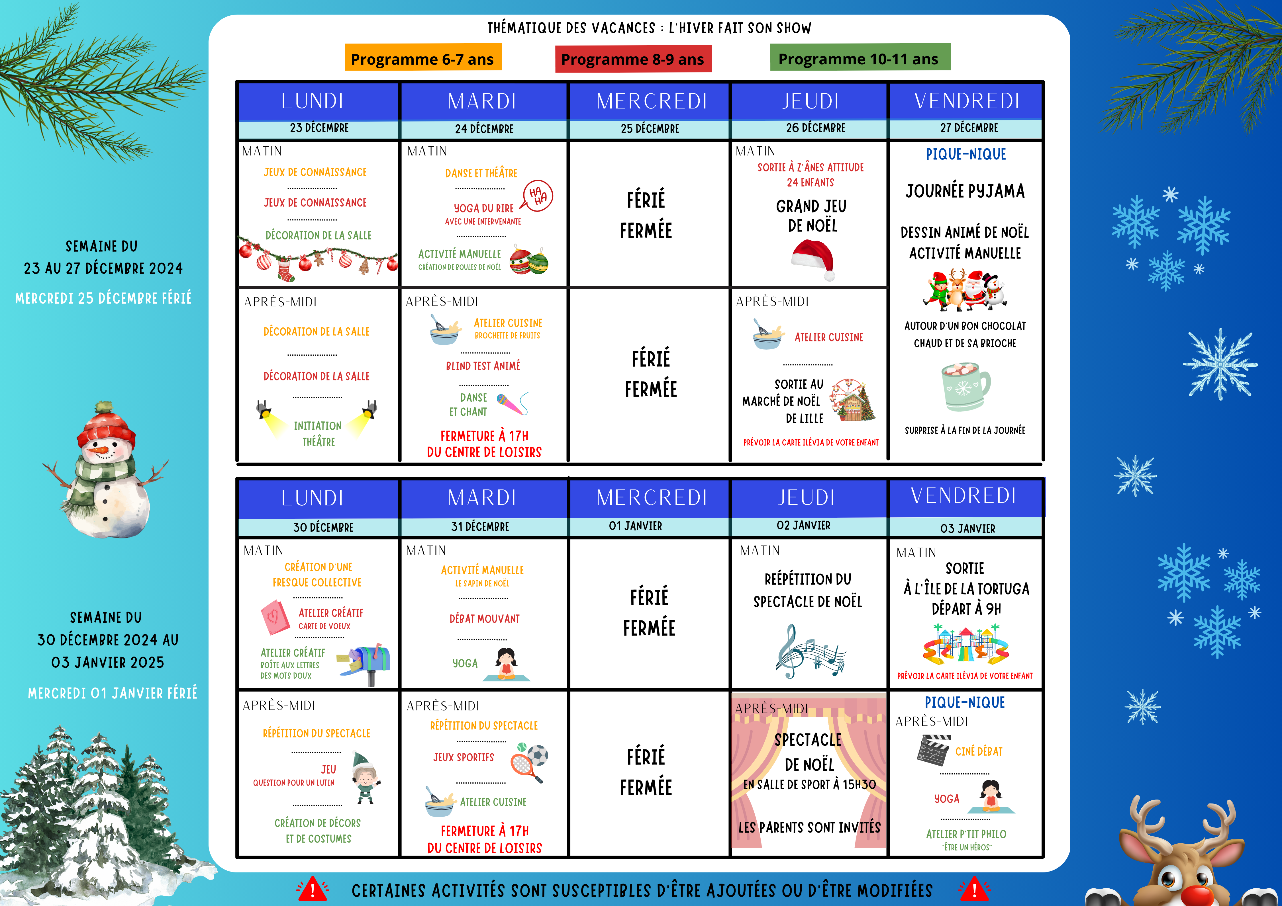 Vous trouverez ci-joint le planning d'activités du centre de loisirs pour les vacances de Noël qui débuteront ❄ Lundi 23 décembre ❄ ❗ Le centre de loisirs fermera ses portes à 17h00 les mardis 24 et 31 décembre ❗ Les enfants de 4 à 11 ans doivent avoir une carte illévia pour les activités en extérieures* *Vous avez possibilité de créer la carte illévia auprès de Zakia, au cyber espace, les jeudis et vendredis Les inscriptions se font uniquement sur place et à l'accueil Informations auprès de l'accueil : 0320534505 ou à contact@maisonlesmoulins.fr